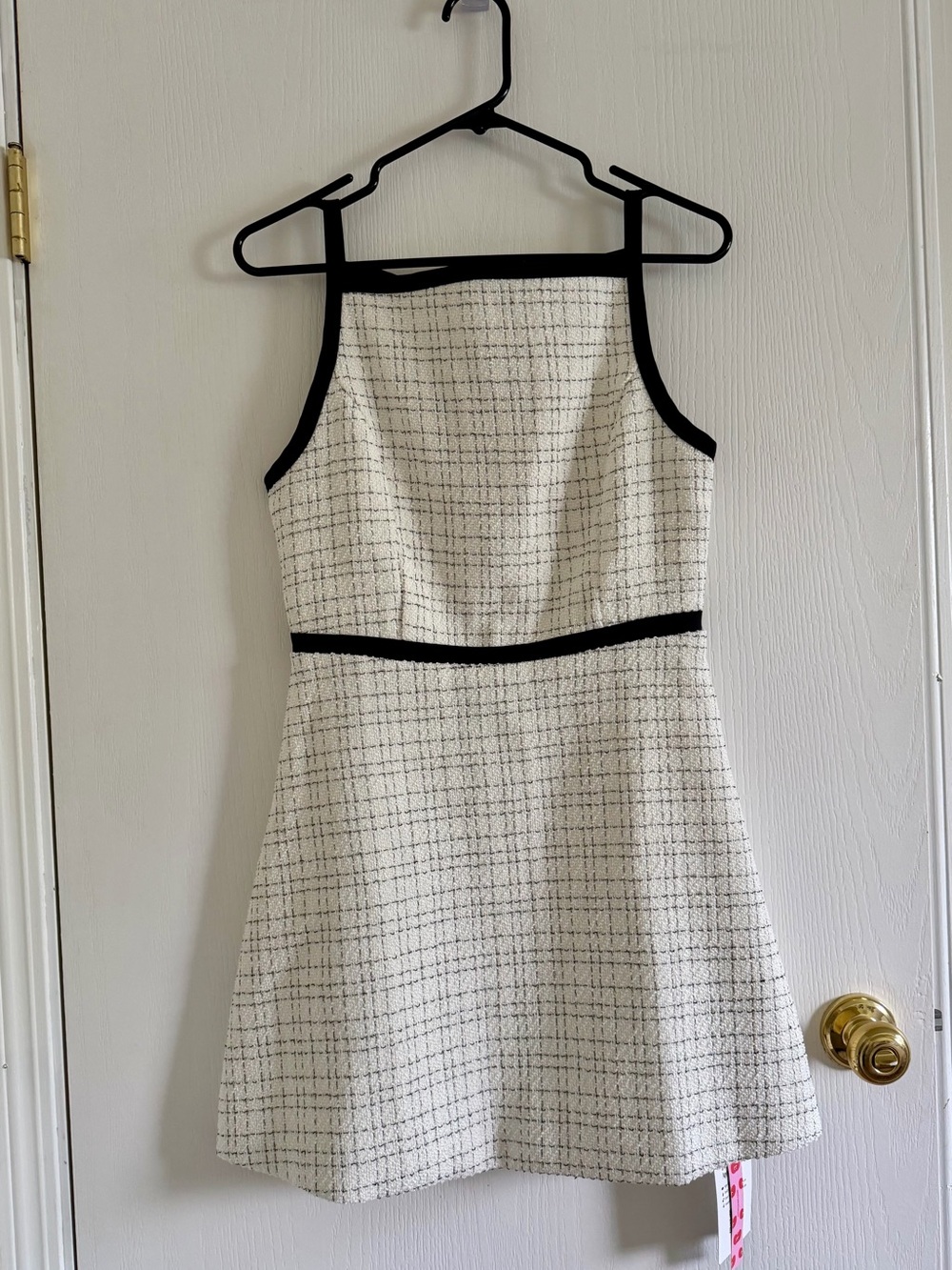 Sleeveless Cream Tweed A-Line Dress with Black Trim
